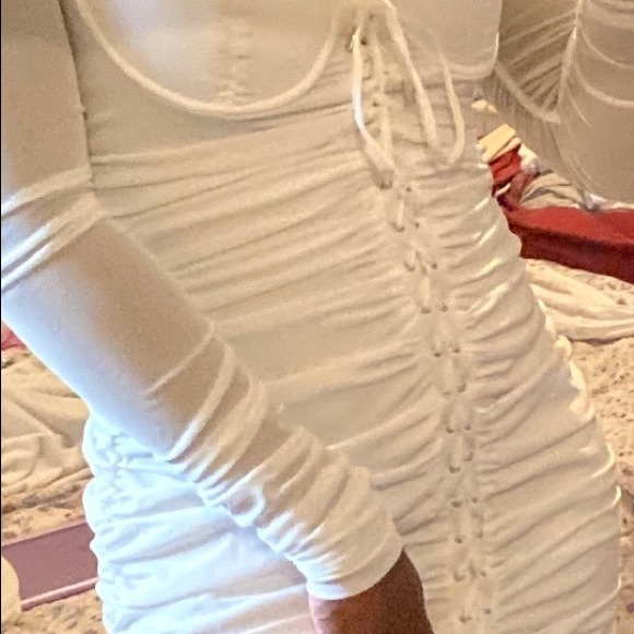 LONG SLEEVE RUCHED MESH MINI DRESS IN OYSTER WHITE - Picture 9 of 9